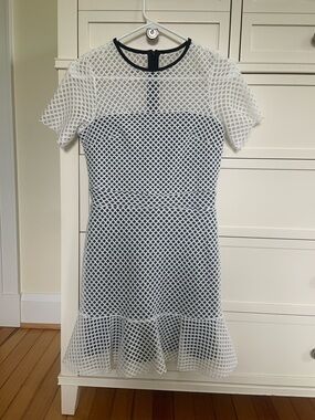 White Mesh Overlay Fit-and-Flare Dress with Black Underlay